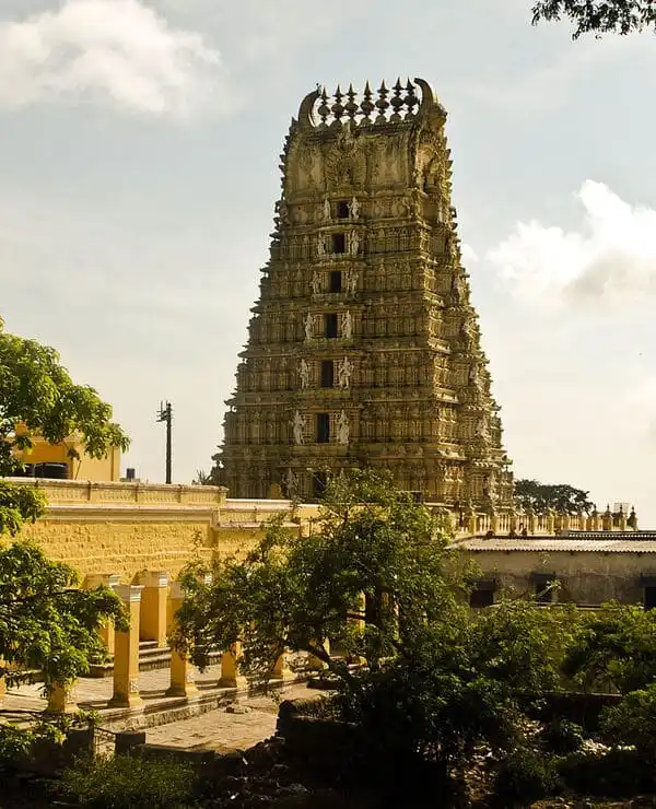 Shot of the temple from the drone, comprising of a tall carved stone building