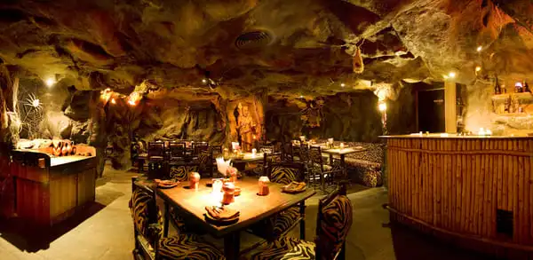 Interior of a restaurant shaped like a cave