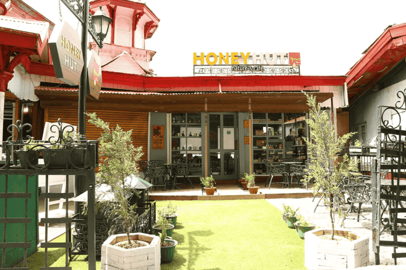 Cafe exterior, having a lawn and seating space