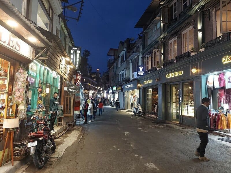 Road of a hill station filled with shops